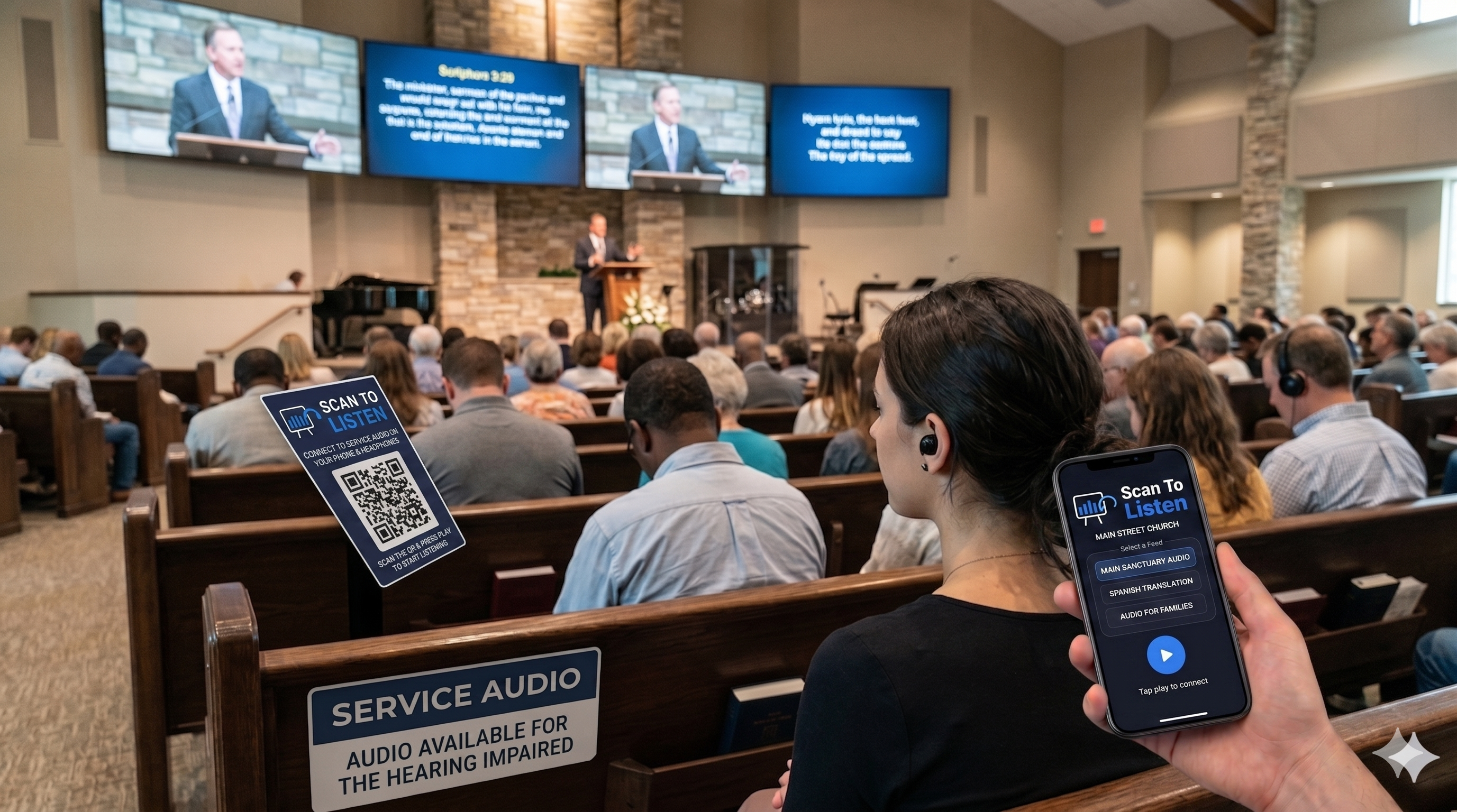 Church congregation with a patron using a smartphone to listen