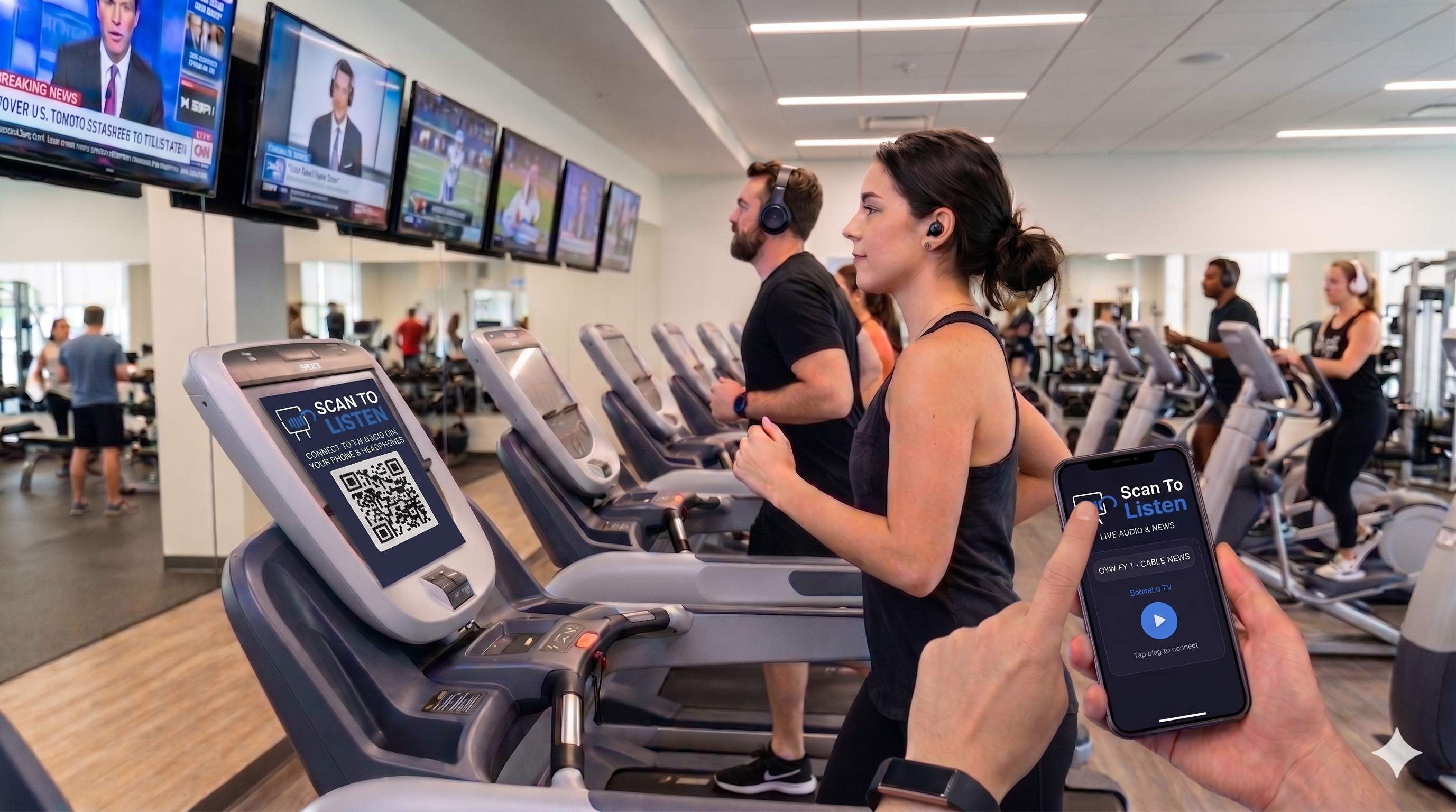 Gym members running on treadmills with TVs on the wall