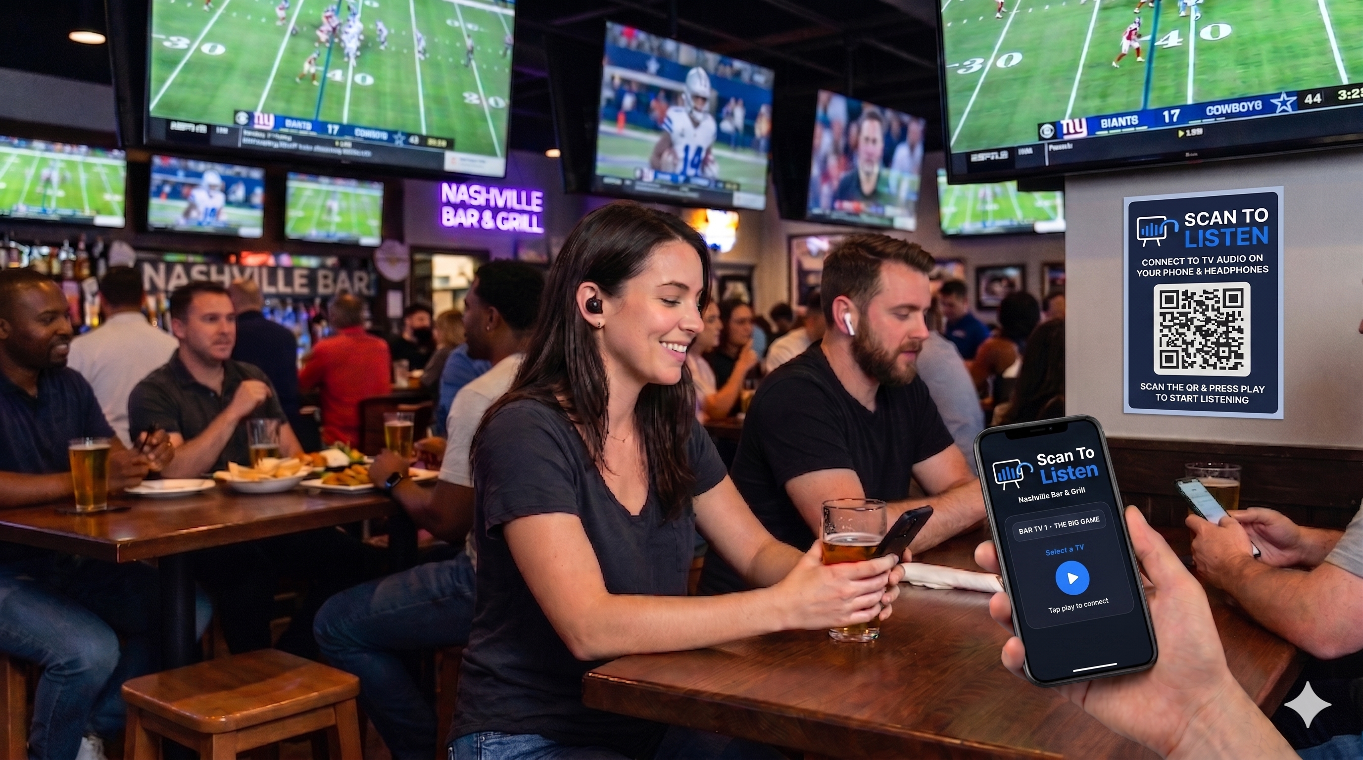Patrons at a sports bar watching football games on multiple TVs